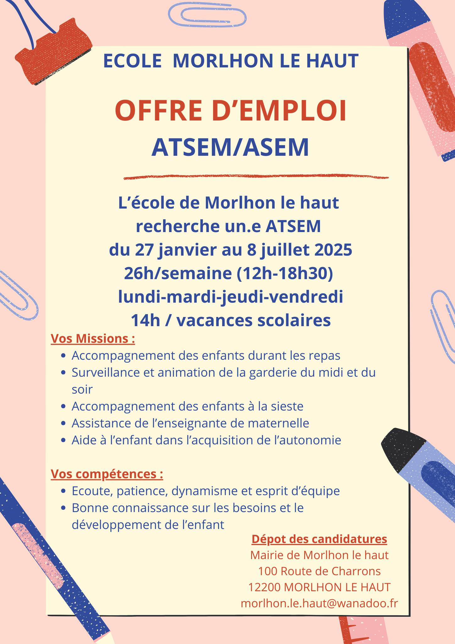 Lire la suite à propos de l’article Recherche  Agent Spécialisé des Ecoles Maternelles (ATSEM) h/f